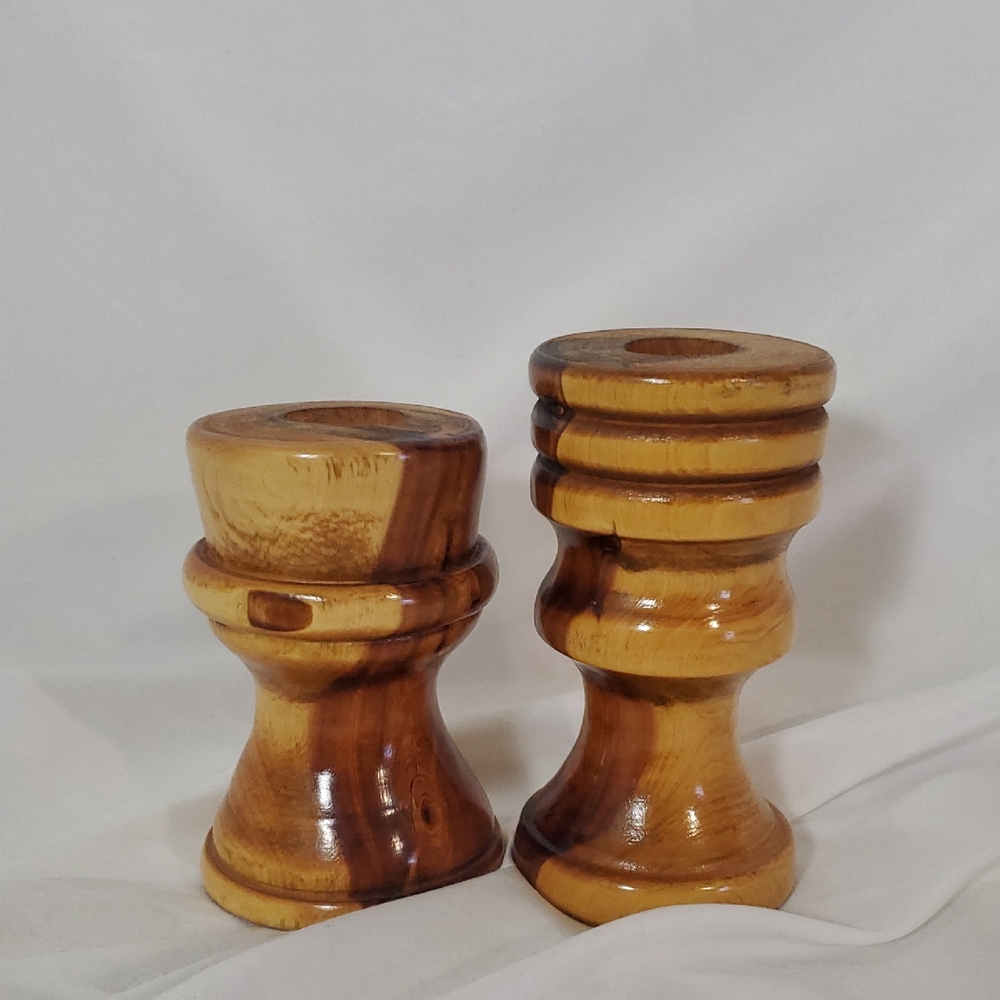 Wood Candle Holder Turned Handmade Pair MCM